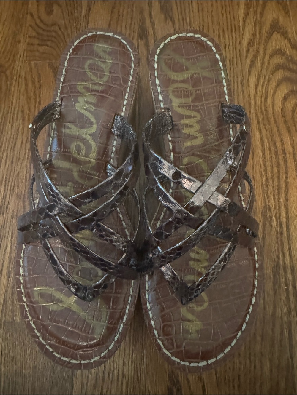Sam Edelman Brown Croc-Embossed Woven Strap Wedge Slides